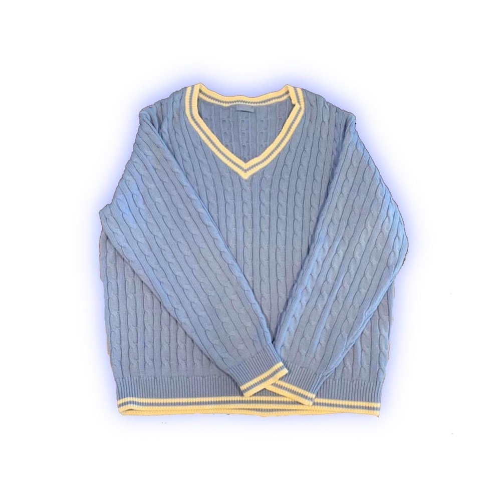 blue cableknit vneck sweater